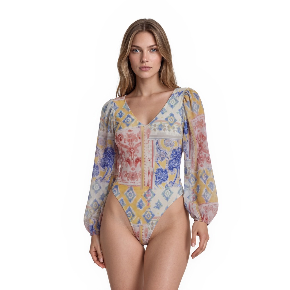 NEW Phax Swimsuit Women's Size Medium Multi Patchwork Boho Long Sleeve Bathing